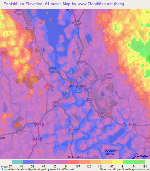 Enniskillen,UK Elevation Map