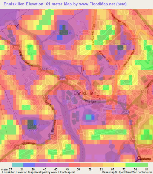 Enniskillen,UK Elevation Map