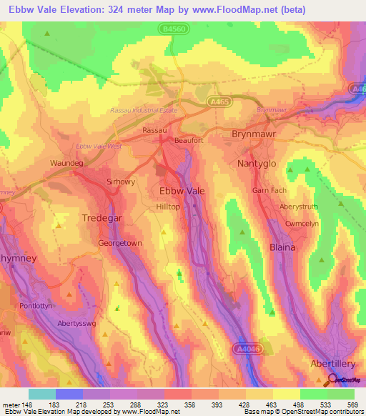 Ebbw Vale,UK Elevation Map