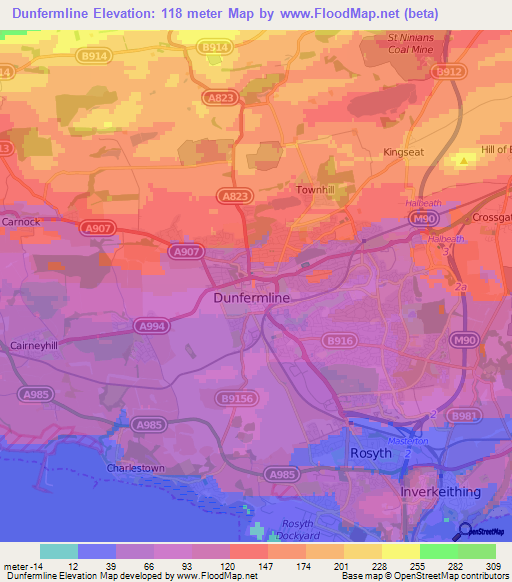 Dunfermline,UK Elevation Map