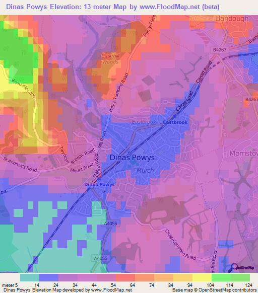 Dinas Powys,UK Elevation Map