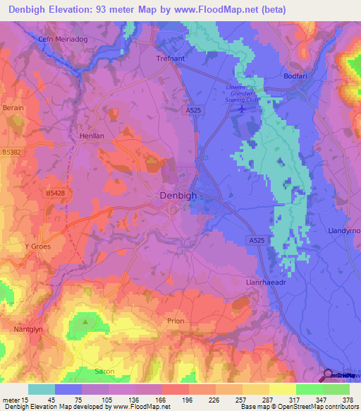 Denbigh,UK Elevation Map