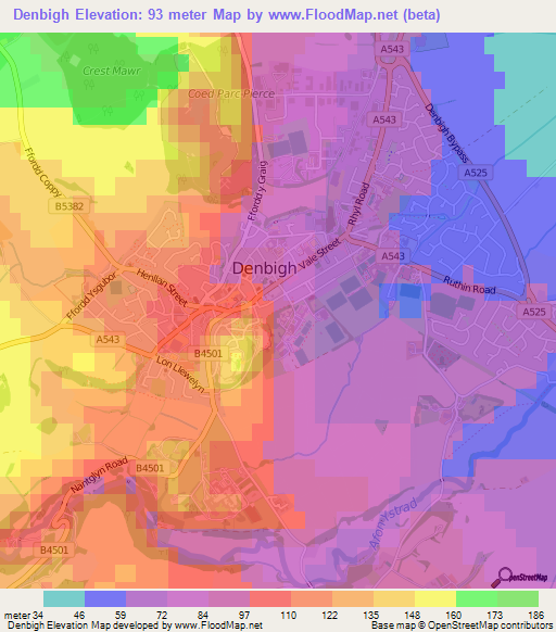 Denbigh,UK Elevation Map