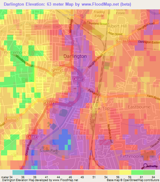 Darlington,UK Elevation Map