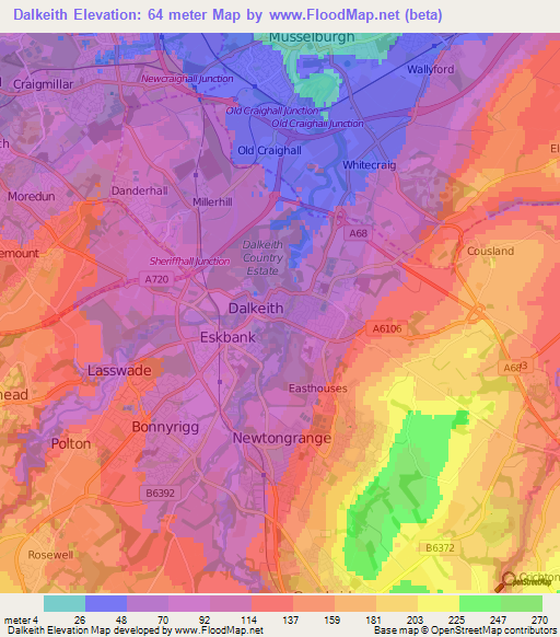 Dalkeith,UK Elevation Map