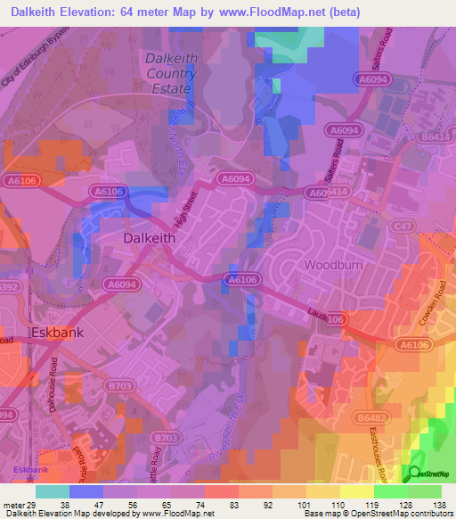 Dalkeith,UK Elevation Map