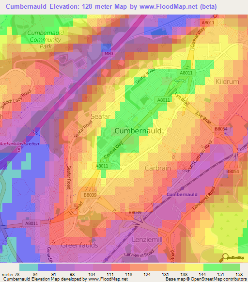 Cumbernauld,UK Elevation Map