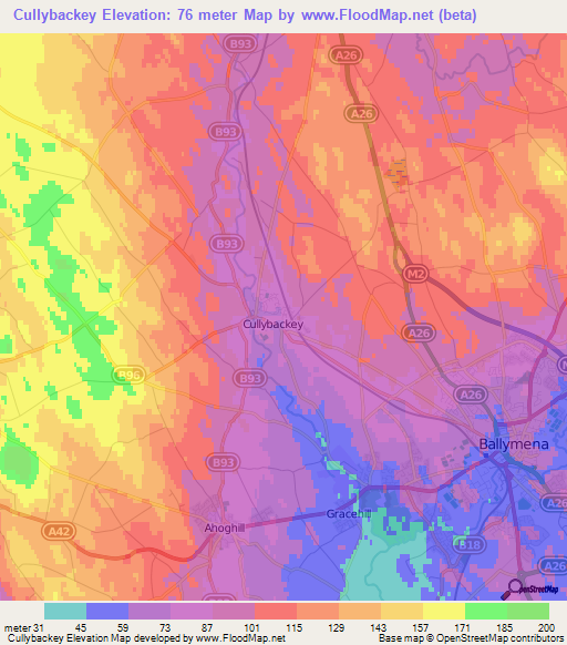Cullybackey,UK Elevation Map