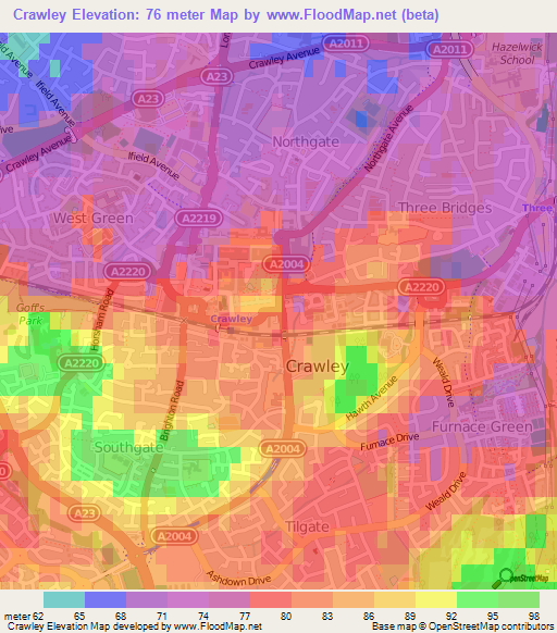 Crawley,UK Elevation Map