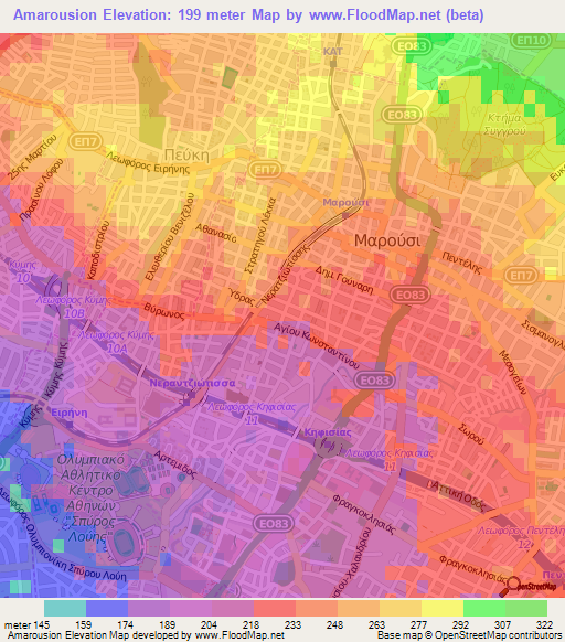 Amarousion,Greece Elevation Map