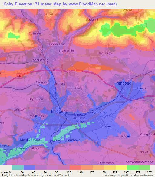 Coity,UK Elevation Map