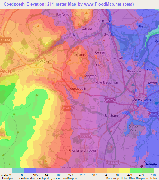 Coedpoeth,UK Elevation Map