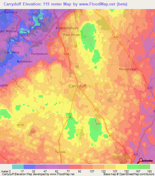 Carryduff,UK Elevation Map