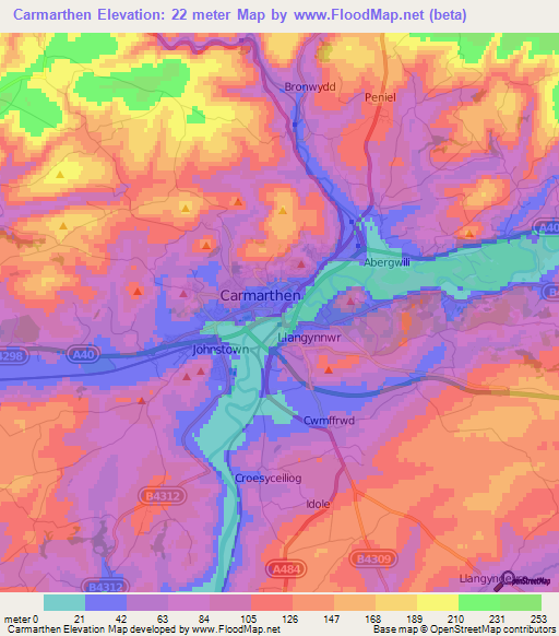 Carmarthen,UK Elevation Map