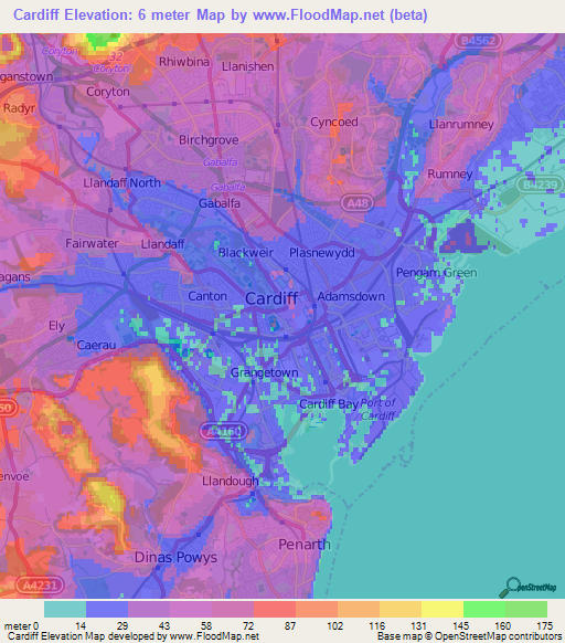 Cardiff,UK Elevation Map