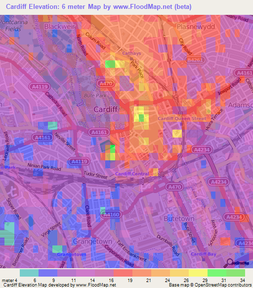Cardiff,UK Elevation Map