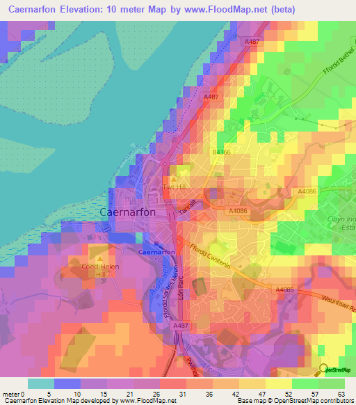 Caernarfon,UK Elevation Map