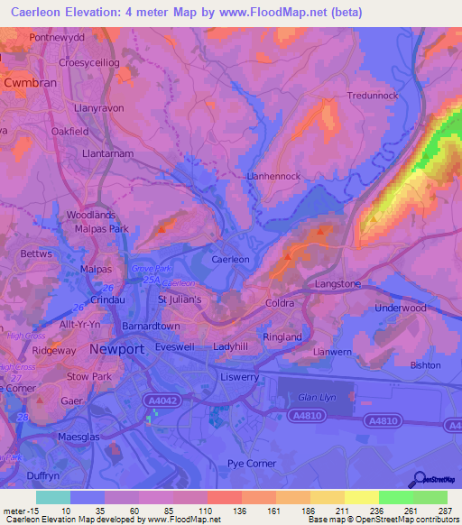 Caerleon,UK Elevation Map