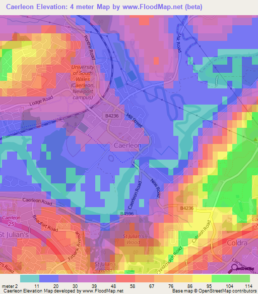 Caerleon,UK Elevation Map