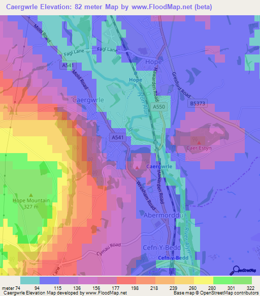 Caergwrle,UK Elevation Map