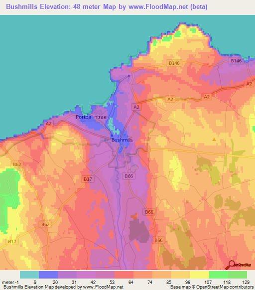 Bushmills,UK Elevation Map