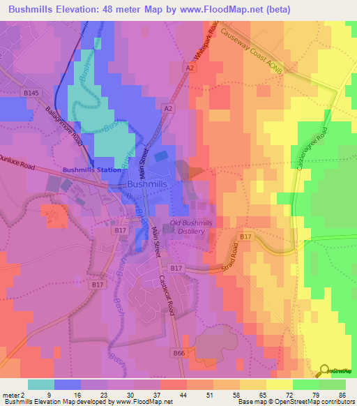 Bushmills,UK Elevation Map