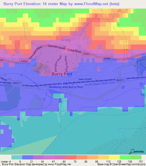 Burry Port,UK Elevation Map