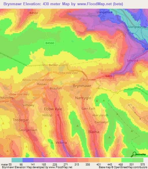 Brynmawr,UK Elevation Map