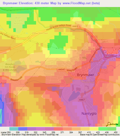 Brynmawr,UK Elevation Map