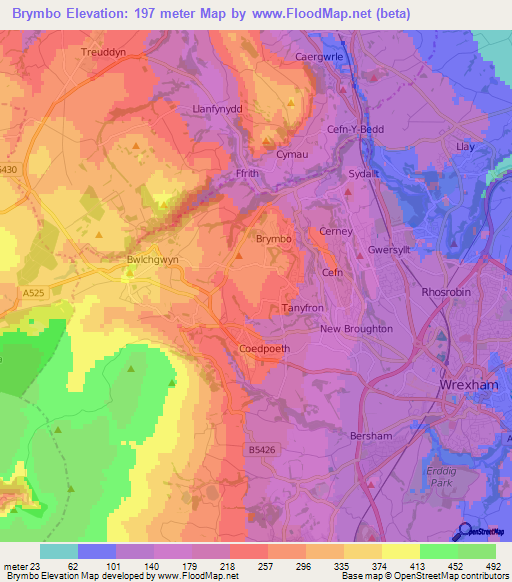 Brymbo,UK Elevation Map