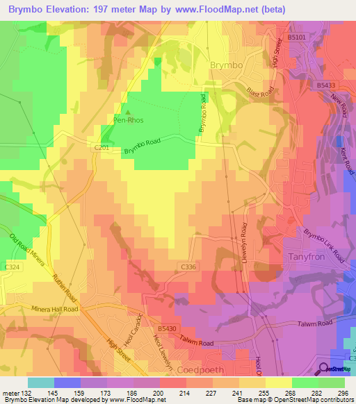 Brymbo,UK Elevation Map
