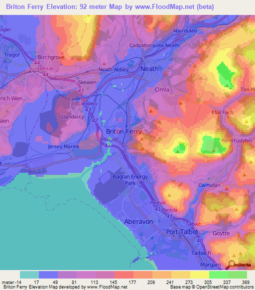 Briton Ferry,UK Elevation Map