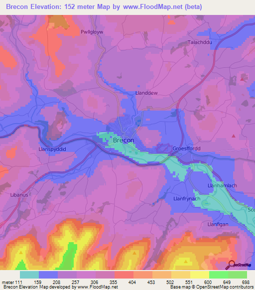 Brecon,UK Elevation Map