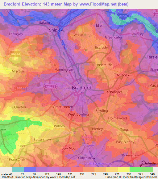 Bradford,UK Elevation Map