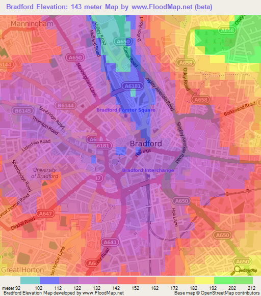 Bradford,UK Elevation Map