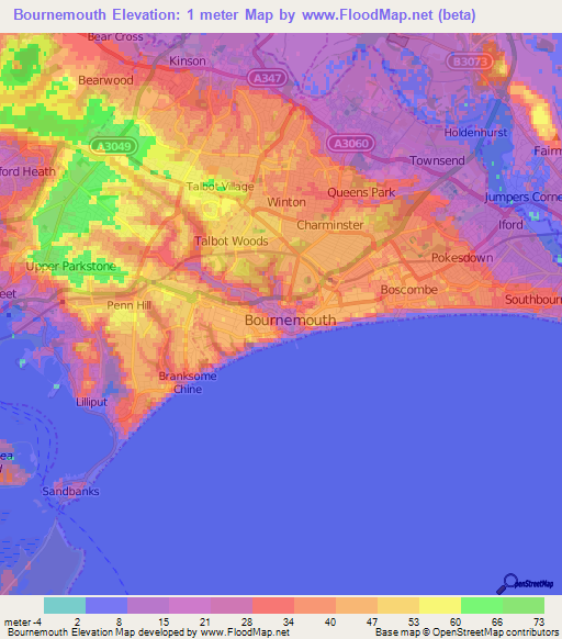 Bournemouth,UK Elevation Map