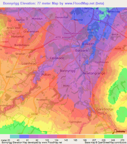 Bonnyrigg,UK Elevation Map