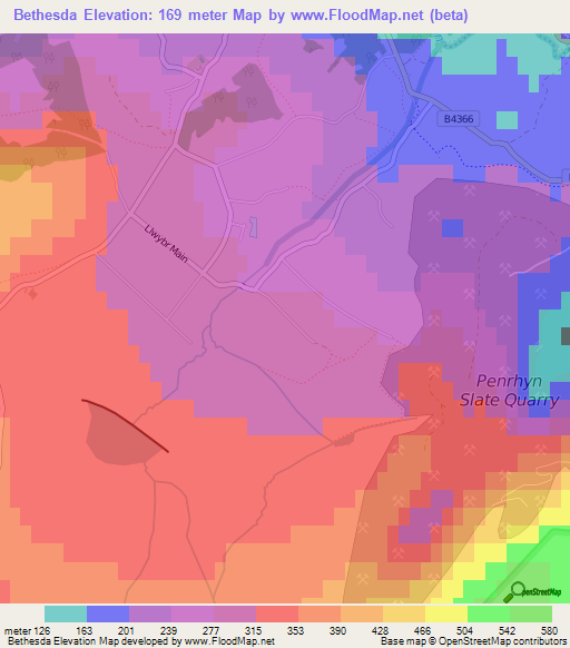 Bethesda,UK Elevation Map