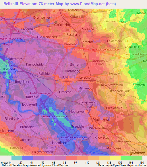 Bellshill,UK Elevation Map
