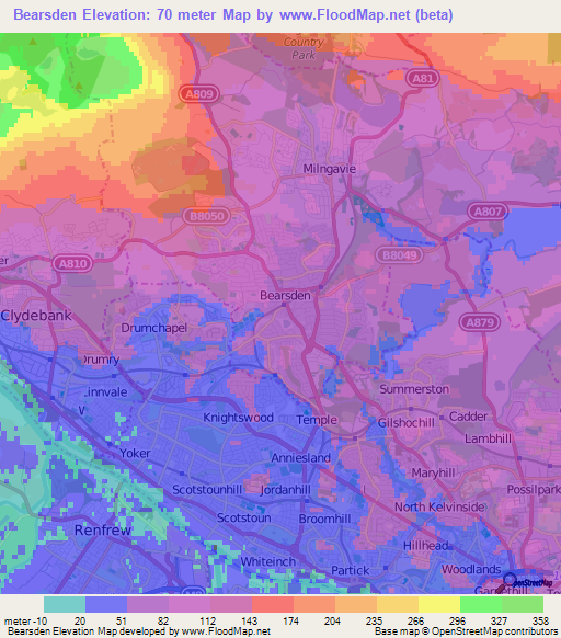 Bearsden,UK Elevation Map