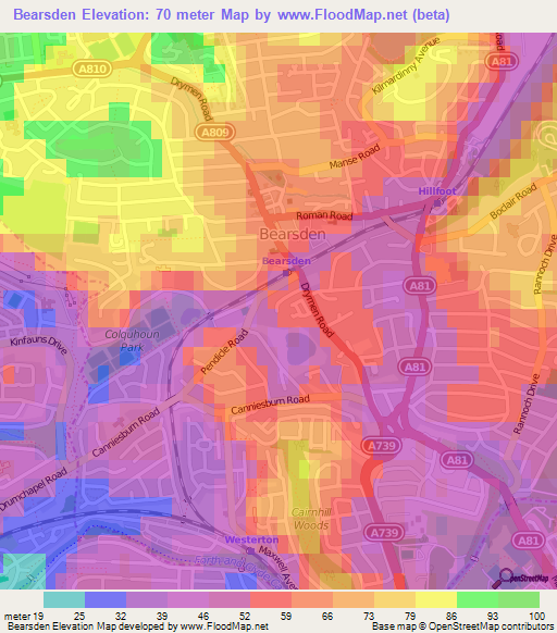 Bearsden,UK Elevation Map