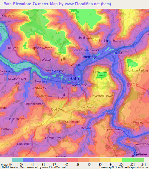 Bath,UK Elevation Map