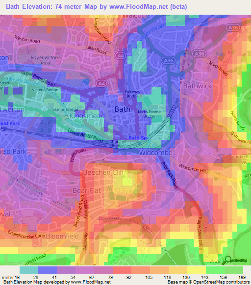 Bath,UK Elevation Map