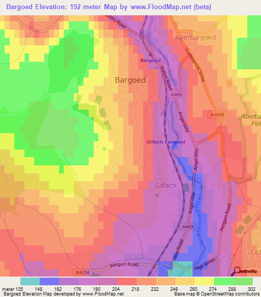 Bargoed,UK Elevation Map