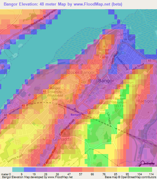 Bangor,UK Elevation Map