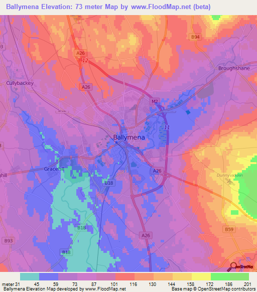 Ballymena,UK Elevation Map
