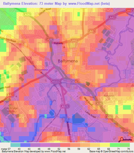 Ballymena,UK Elevation Map
