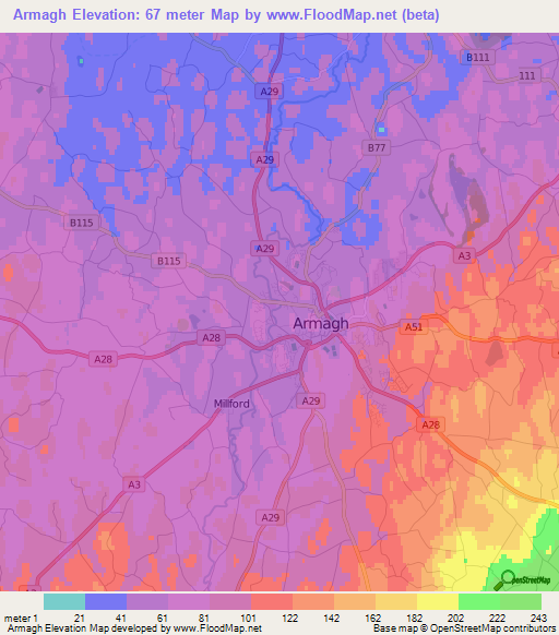 Armagh,UK Elevation Map