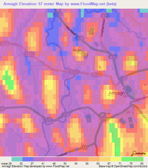 Armagh,UK Elevation Map