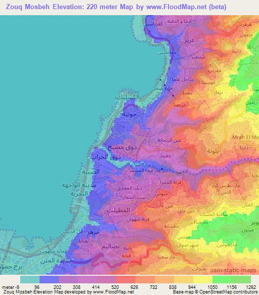 Zouq Mosbeh,Lebanon Elevation Map